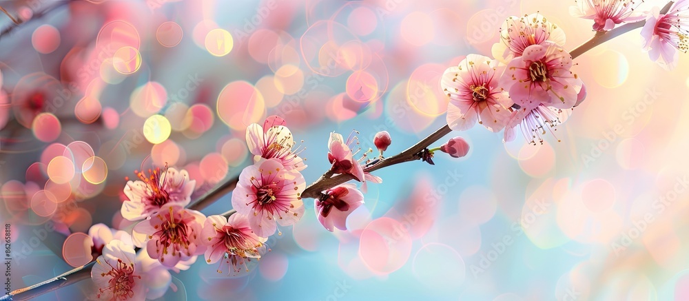 Aufkleber Plum tree branch in full bloom with blurred background - copy space image.