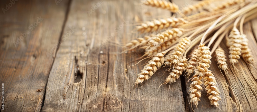 Poster Wheat ears arranged on a rustic wooden surface with a sheaf of wheat providing a focal point in the background, creating a visual representation of the harvest theme with copy space image.