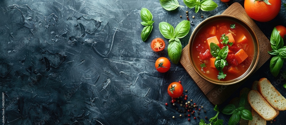 Poster top view of summer tomato soup with fresh vegetables and green basil, in a copy space image.