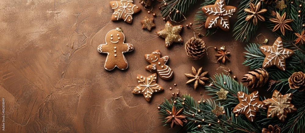 Aufkleber Top-down view of a Christmas card showcasing gingerbread cookies and a decorated fir tree, ideal for adding text or other elements to the image. Copy space image. Place for adding text and design