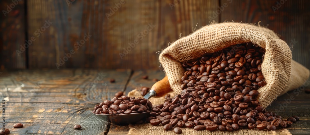 Poster burlap sack containing brown roasted coffee beans alongside a scoop with grains, presented in a rust