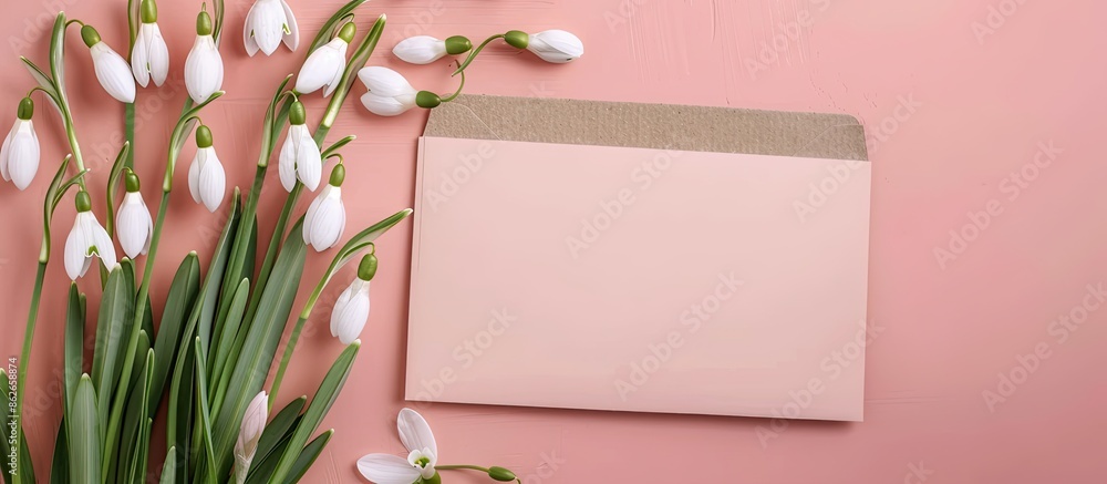 Poster snowdrops and a greeting card on a pink backdrop with copy space image.