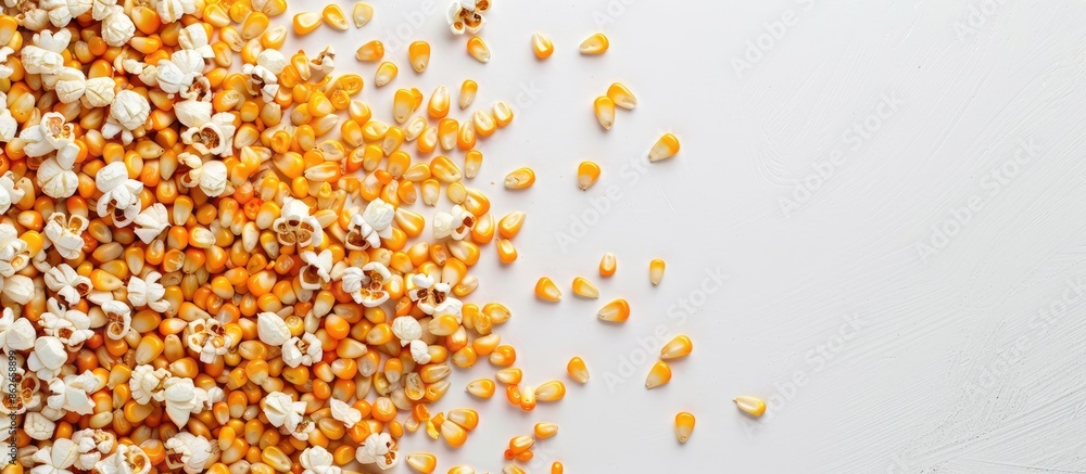 Poster Top-down view of dried corn kernels on a white background, perfect for popcorn, with ample copy space image available.