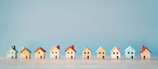 Obraz premium Row of miniature wooden toy houses illustrating real estate concept with copy space image.