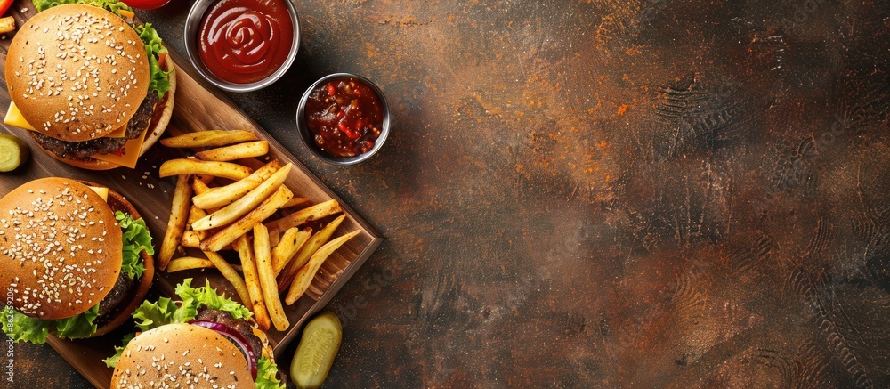Poster Top view of burgers, fries, and pickles on a cutting board with a space for adding text or images. Copy space image. Place for adding text and design