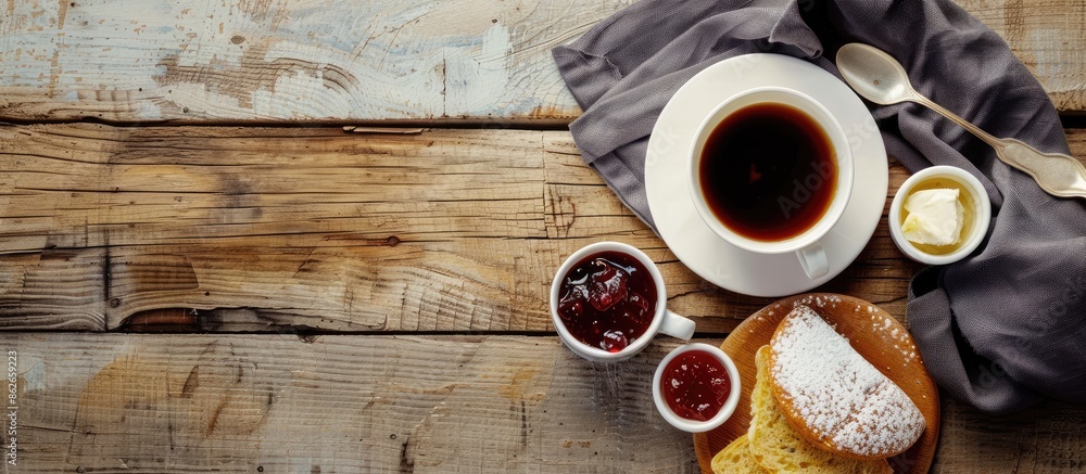 Poster delicious and nutritious breakfast with coffee, jam, and butter, displayed in a captivating copy spa