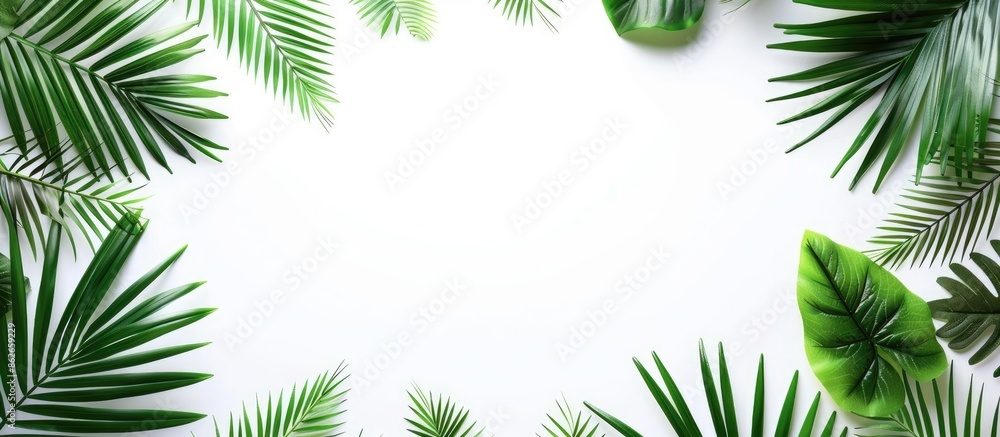 Poster copy space image of palm leaves frame on white background.