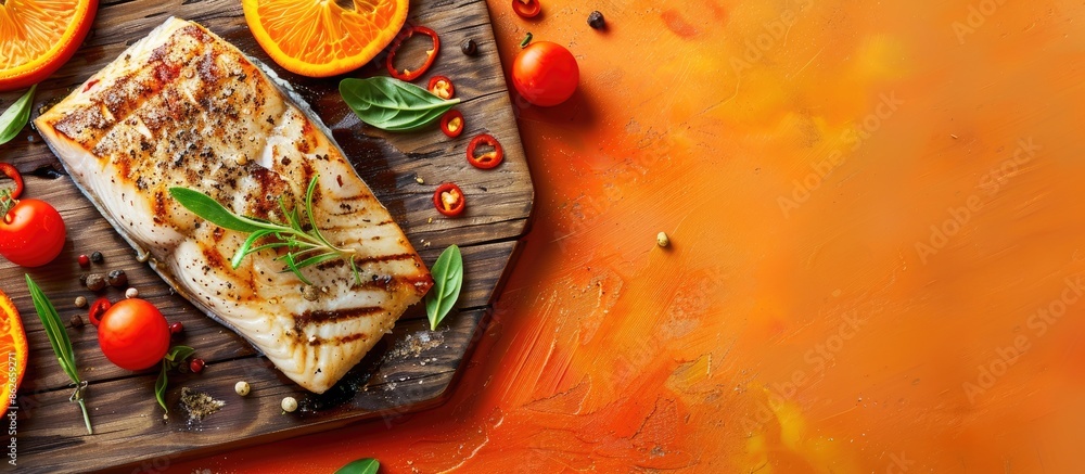 Aufkleber red sea perch fillet roasted on a wooden board with an orange background in a top-view composition f