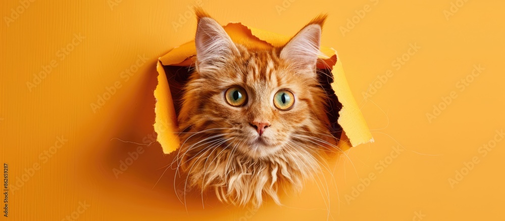 Poster A fluffy red cat with captivating green eyes peeking through a hole in the paper against an orange background, creating a charming copy space image.