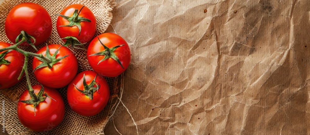 Poster top view of fresh red tomatoes on a rustic brown paper background with a burlap ribbon, perfect for 