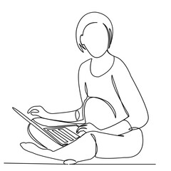 one line continuous painted pregnant business woman painted by hand silhouette picture. Line art. character woman on the robot pregnant at the computer, doodle