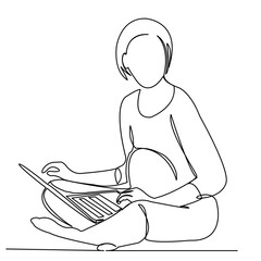 one line continuous painted pregnant business woman painted by hand silhouette picture. Line art. character woman on the robot pregnant at the computer, doodle