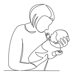 continuous single drawn one line woman in hospital with a newly born child drawn by hand picture silhouette. Line art. character mother with newborn baby. doodle