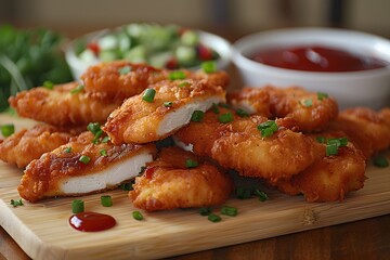 Crispy Fried Chicken Tenders with Dipping Sauce and Fresh Salad - Perfect for Food Photography and Menu Design