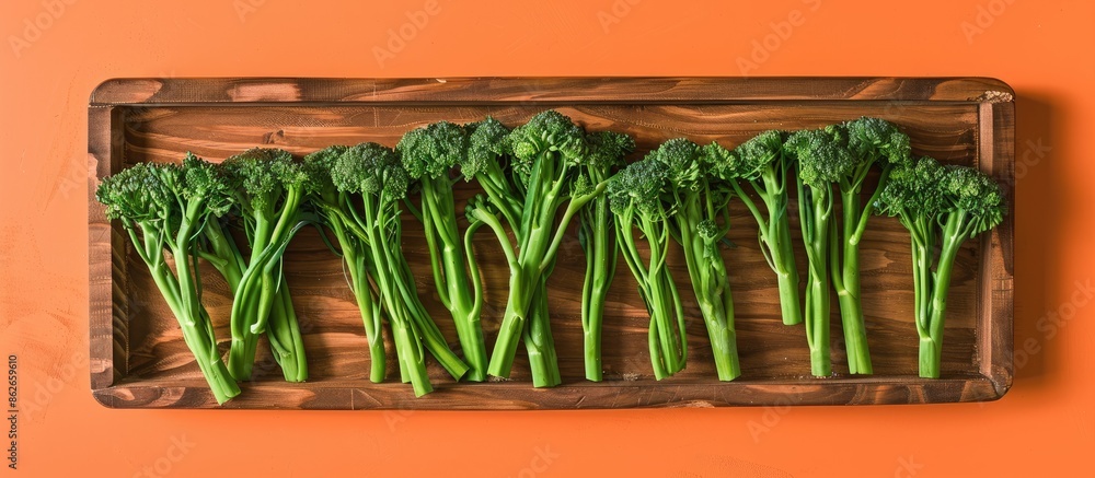 Poster baby broccolini arranged on a wooden tray with an orange backdrop in a top-down perspective, showcas