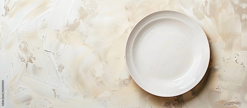 Poster top-down view of a blank white plate against a beige surface with ample space for text or images, id