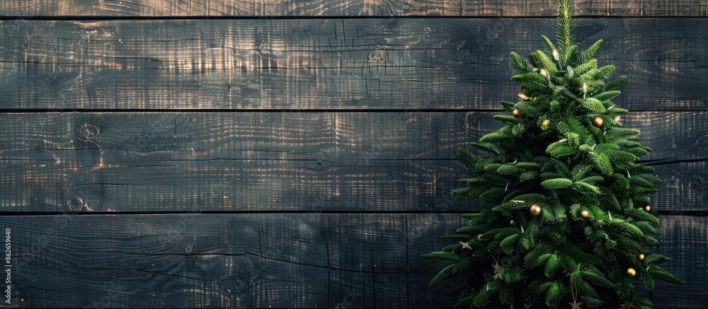 Poster A Christmas fir tree displayed on a wooden backdrop with copy space image.