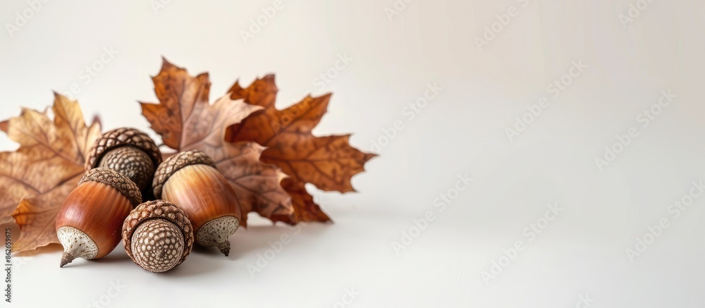 Poster acorns in fall on white backdrop with room for text, a copy space image.
