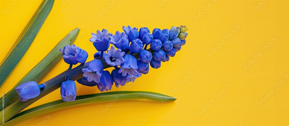 Poster A Blue Grape Hyacinth flower contrasting a yellow backdrop, creating a vibrant spring copy space image.