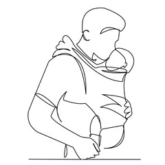 continuous single drawn one line of the child's daddy daddy in sling hand-drawn picture silhouette. Line art. character man with child in his arms