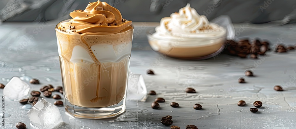 Poster trendy coffee cocktail on a grey background mock-up with copy space image for text, featuring dalgon