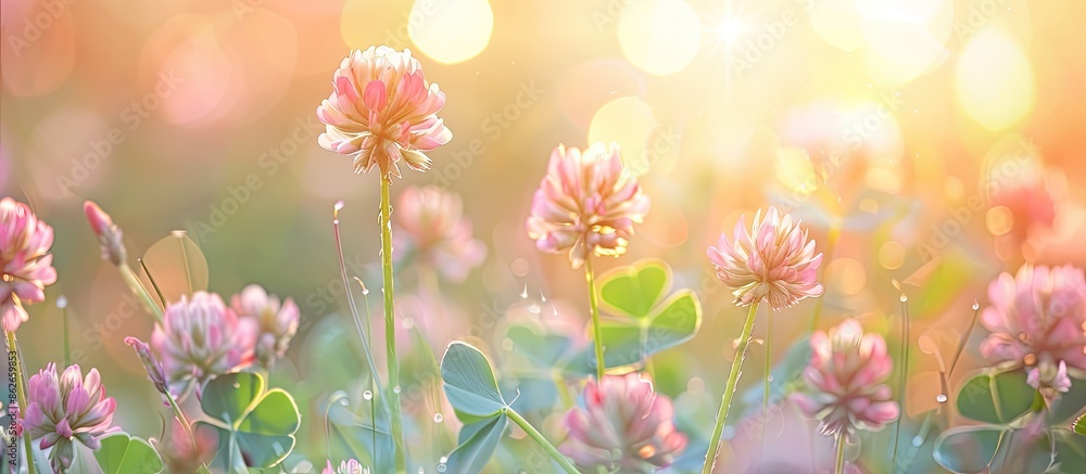 Poster soft card with a pastel background featuring an out-of-focus summer image of blooming clover on a me