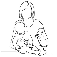 one continuous drawn line of a woman working in the office with a child on her hands painted by hand silhouette picture. Line art. single line