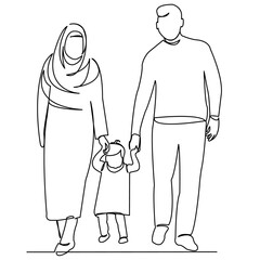 continuous single drawn one line Muslim family hand-drawn picture silhouette. Line art. Muslim family mom and dad