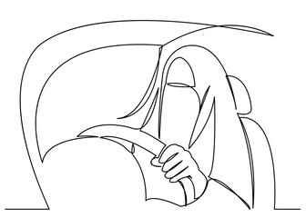 one line continuous painted muslim woman driving a car drawn by hand silhouette picture. Line art. character female Muslim woman in the zijab at the wheel