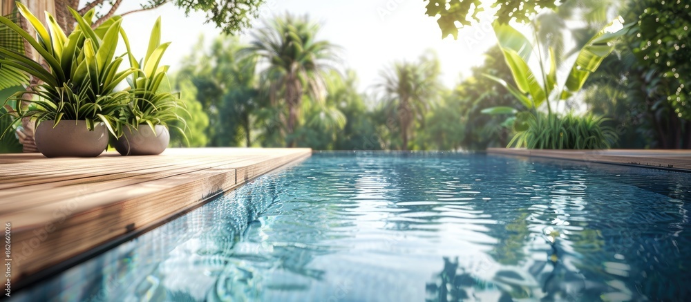 Poster wooden poolside adjacent to a crystal-clear outdoor pool, offering a blank canvas for designs in the