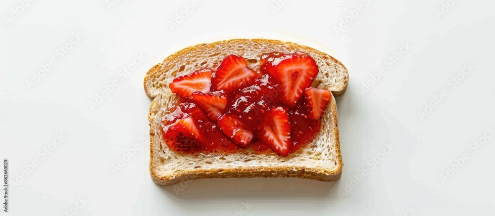 Fototapete Top view of a slice of toast with strawberry jam on white background, flat lay style with room for text or image insertion. Copy space image. Place for adding text and design
