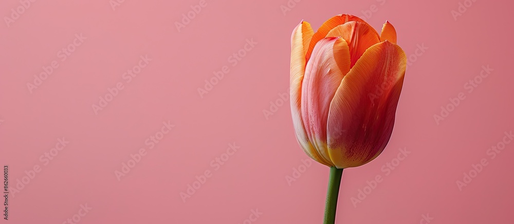 Poster a tulip placed against a soft pink background, creating a serene copy space image.