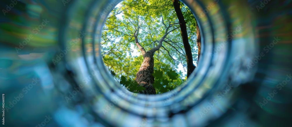 Poster Viewing through a stainless steel pipe with a blurred green tree at the end in a copy space image.
