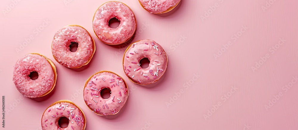 Poster Five coral donuts with icing arranged neatly on a pink background captured from above with copy space image available for text.