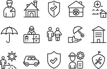 Insurance, Policy related concept editable stroke outline icons isolated on white background flat vector illustration