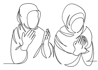 continuous single drawn one line Muslim women pray drawn from the hand picture silhouette. Line art. doodle