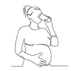 continuous single drawn one line pregnant woman drinks water hand-drawn picture silhouette. Line art.Doodle