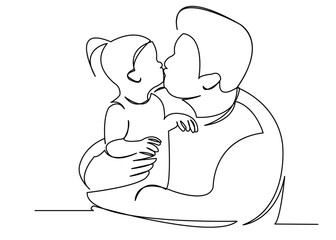 continuous single drawn one line dad kisses her daughter hand-drawn picture silhouette. Line art. doodle