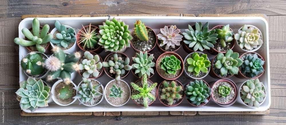 Aufkleber arranged home garden collection of cactus and succulent plants in paper cups on a tray with a flat l