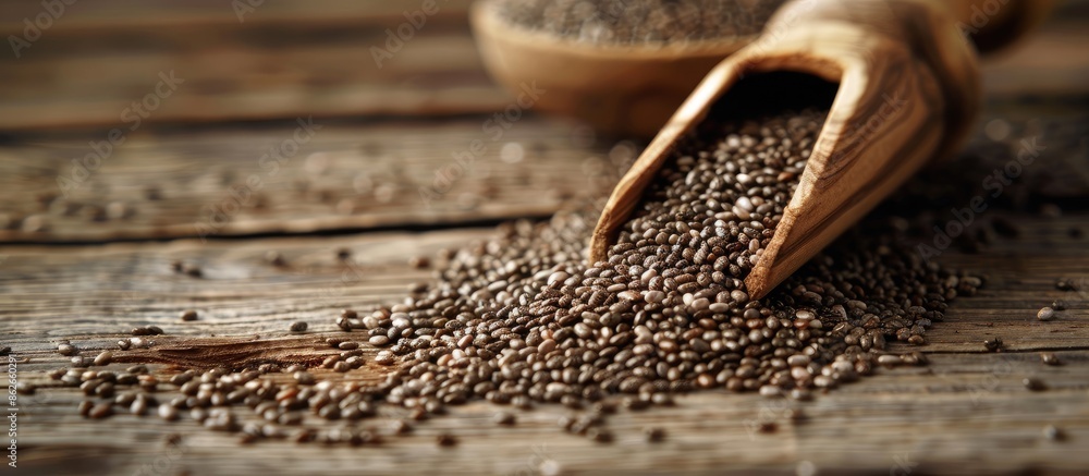 Poster close-up view of organic chia seeds with a wooden scoop on a wooden surface, ideal for a copy space 