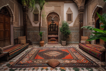 Obraz premium Typical Moroccan Riad House with Walls Full of Brown Mosaic and Carpets: Traditional Interior Design in Fes, Reflecting Rich Cultural Heritage of Morocco