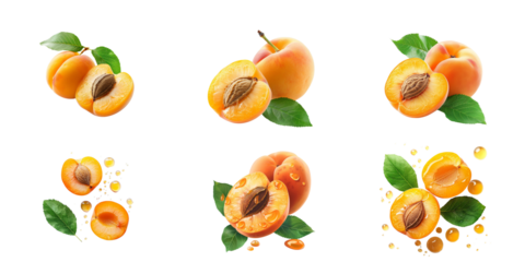 
Fruit apricot, cut in half with two leaves and oil droplets on white background, real photo, high resolution, no shadowing, sharp focus, no blur, no depth of field, no grainy textures, no noise, no g