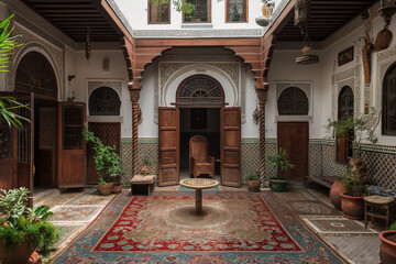 Typical Moroccan Riad House with Walls Full of Brown Mosaic and Carpets: Traditional Interior Design in Fes, Reflecting Rich Cultural Heritage of Morocco