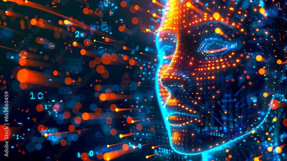 Poster abstract digital futuristic face composed of glowing lights and lines. a concept of artificial intel