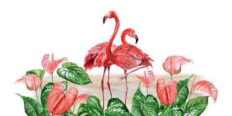 Watercolor Picture with two Flamingo in the thickets of Anthurium  flowers