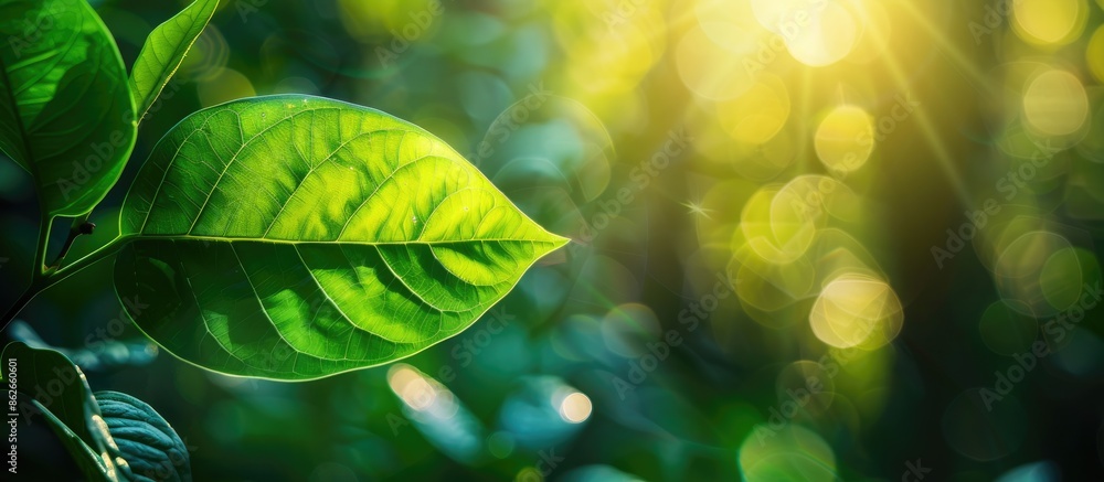 Aufkleber green leaf on a blurred greenery background in a garden, basking in sunlight, with copy space for a 