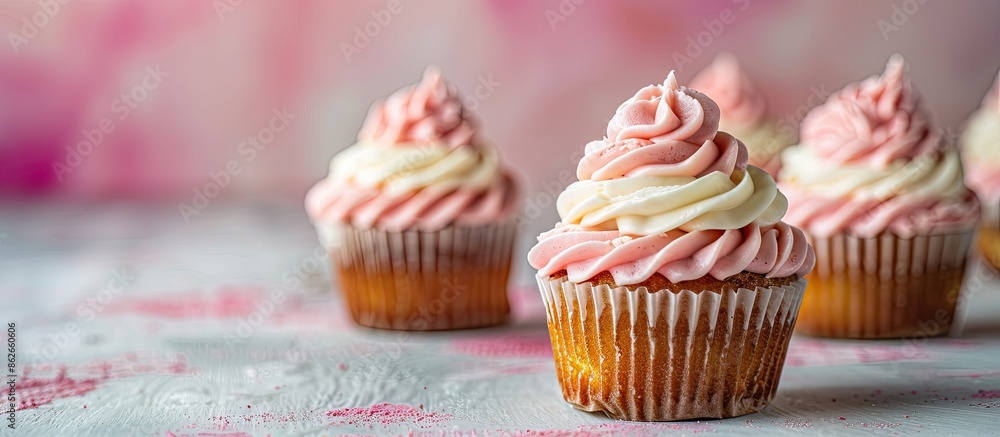 Canvas Prints Cupcakes topped with pink and white frosting, perfect for a bakery advertisement with copy space image.