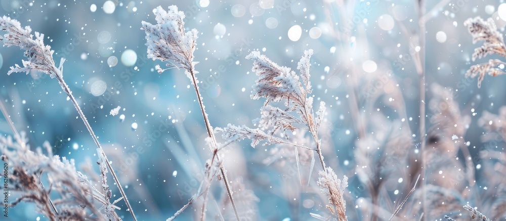 Poster blurry frozen grass creating a winter abstract background in an outdoor landscape setting with copy 