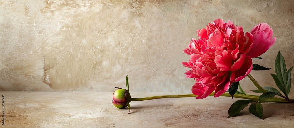 Aufkleber a beautiful peony with a bud and a leaf next to copy space image for a holiday greeting card.