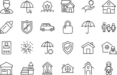 Insurance, Policy related concept editable stroke outline icons isolated on white background flat vector illustration